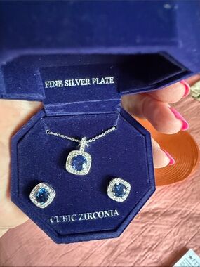 Macy's Fine Silver Plate Necklace & Stud Earring Set with Blue Stones